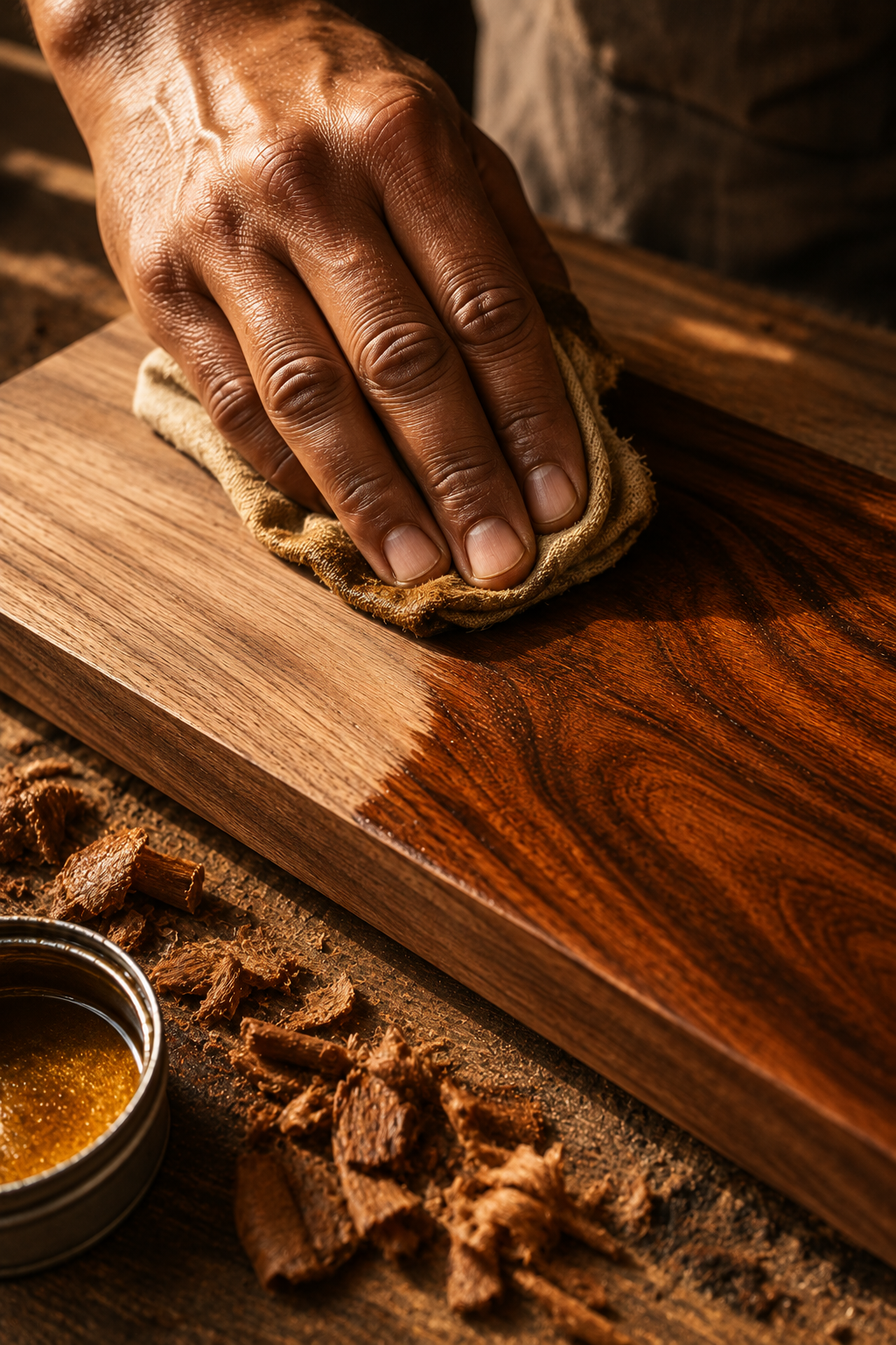 Hand polishing a sheesham surface